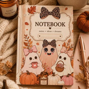 Pode incluir: Um caderno retangular com capa cor de creme apresentando três fantasmas de desenho animado com laços, rodeados por folhas de outono e abóboras. O texto diz NOTEBOOK, notes • ideas • dreams, incluindo uma vela COZY SEASON.