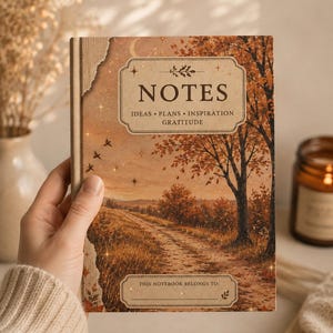 Pode incluir: Um caderno de capa dura com uma ilustração de paisagem de outono em tons quentes, apresentando um caminho de terra, árvores com folhas alaranjadas e pássaros. O texto diz NOTES, IDEAS, PLANS, INSPIRATION, GRATITUDE e THIS NOTEBOOK BELONGS TO.