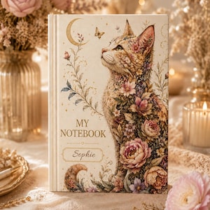 May include: A hardback notebook with a cream-coloured cover featuring a cat illustration adorned with floral patterns, a crescent moon, and a butterfly. The text reads MY NOTEBOOK and the name Sophie in a decorative frame on the front cover.