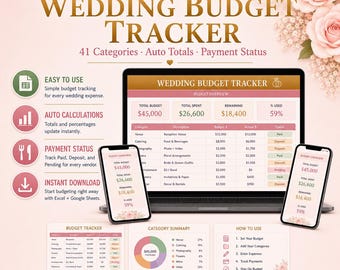 Wedding Budget Tracker Spreadsheet | 41 Categories, Auto Totals (Digital Download)