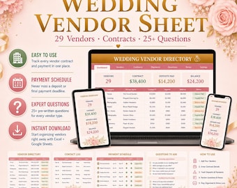 Wedding Vendor Tracker | Contracts, Payments, Questions (Excel, Google Sheets)