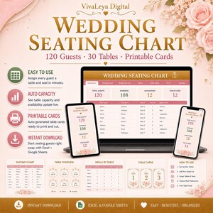 May include: A digital wedding seating chart template by VivaLeya Digital displayed on a laptop and two smartphones. The interface shows guest lists, table assignments, and meal choices. Includes sections for printable cards, table overviews, and instructions.