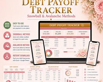 Debt Payoff Tracker Spreadsheet | Snowball and Avalanche Method, Payment Tracker | Excel & Google Sheets Template