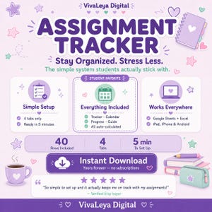 Assignment Tracker Spreadsheet: Google Sheets, Excel Homework Organizer (Digital Download) image 5