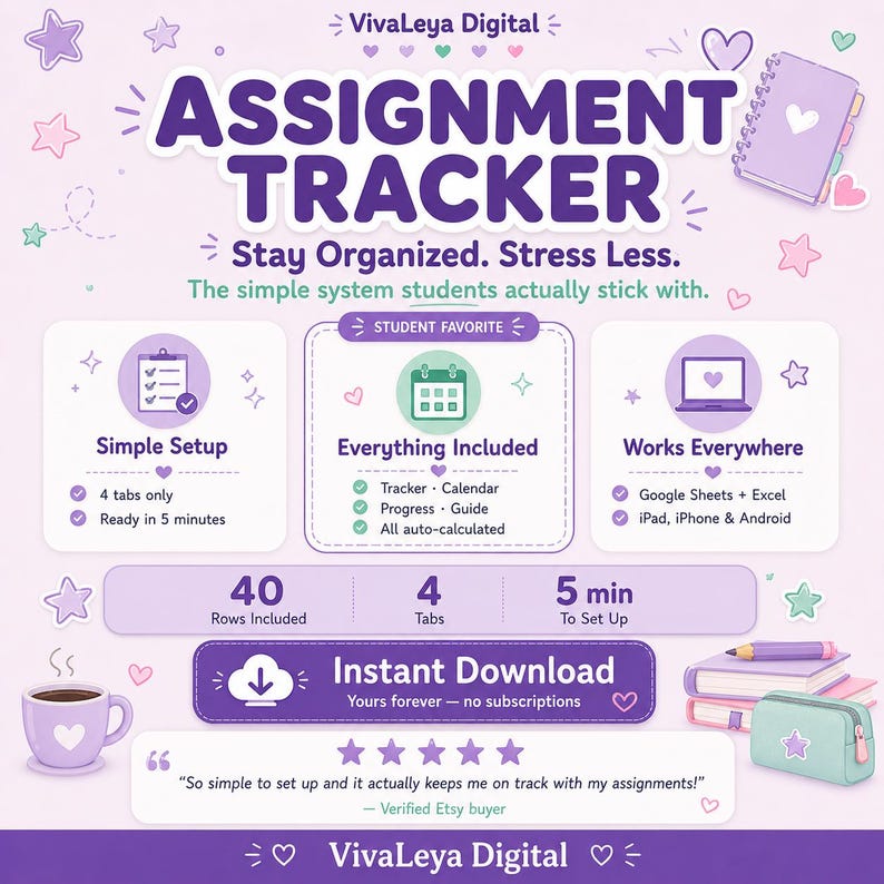 Assignment Tracker Spreadsheet: Google Sheets, Excel Homework Organizer (Digital Download) image 5