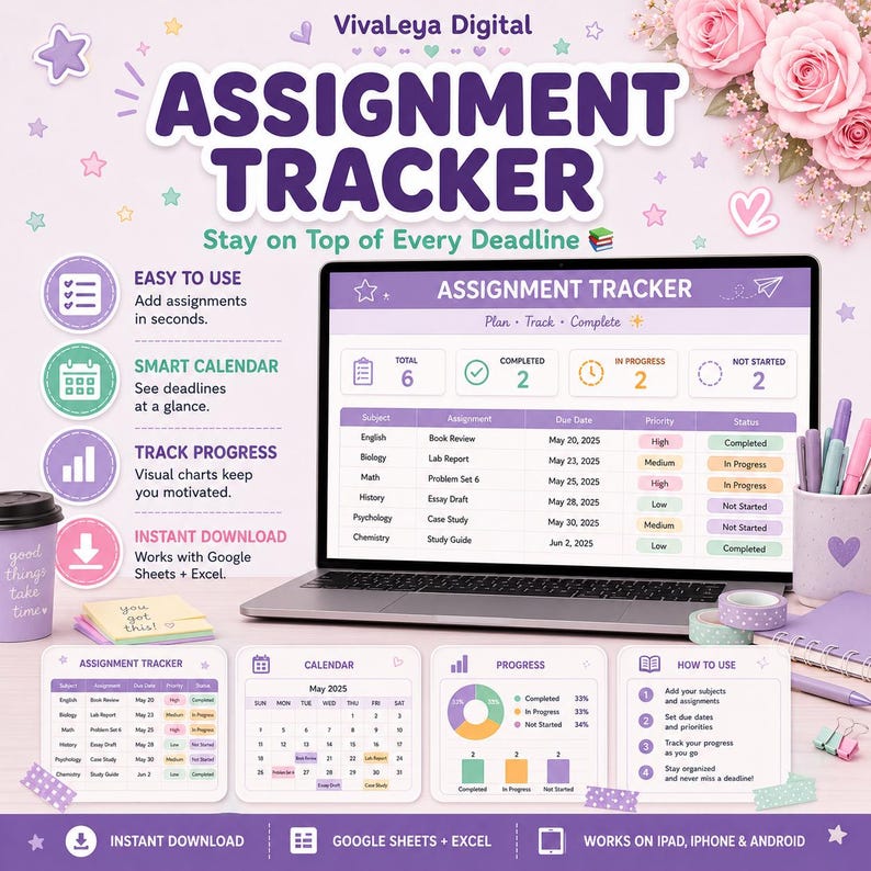 May include: A digital assignment tracker template for Google Sheets and Excel displayed on a laptop screen. The interface features a purple and white color scheme with tables for subjects, assignments, due dates, priority levels, and status indicators.