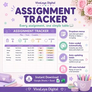Assignment Tracker Spreadsheet: Google Sheets, Excel Homework Organizer (Digital Download) image 3