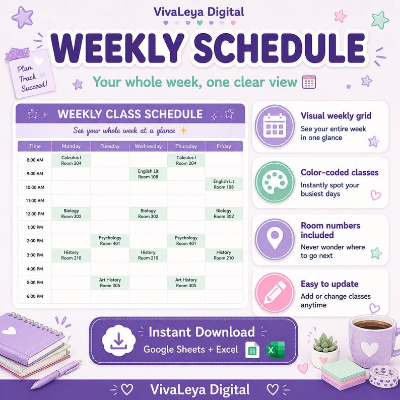 May include: A digital weekly schedule template by VivaLeya Digital featuring a purple and white grid layout for class planning. The design includes sections for time slots, days of the week, and course details, alongside icons for visual organization.