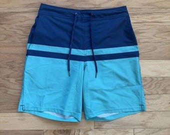 Fair Harbor Ozone Swim Trunks Lined Elastic Waist Drawstring Striped Blue Mens M