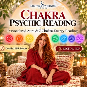 Könnte beinhalten: Ein digitaler Service-Eintrag für ein Chakra-Psychic-Reading mit dem Text Night Blue Wellness Studio, Chakra Psychic Reading und Personalized Aura & 7 Chakra Energy Reading. Sieben leuchtende Chakra-Symbole sind über einer Person zu sehen.
