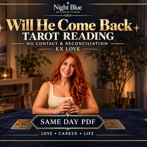 May include: A person with long red hair wearing a cream-colored tank top sits at a dark blue table with tarot cards. The text reads: Night Blue Wellness Studio, Will He Come Back Tarot Reading, No Contact & Reconciliation, Ex Love, Same Day PDF.