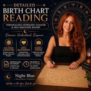 May include: A digital advertisement for a detailed birth chart reading service. The text reads Detailed Birth Chart Reading, Personalized Astrology Analysis & Self-Discovery Report, Discover. Understand. Empower. Night Blue Wellness Studio.