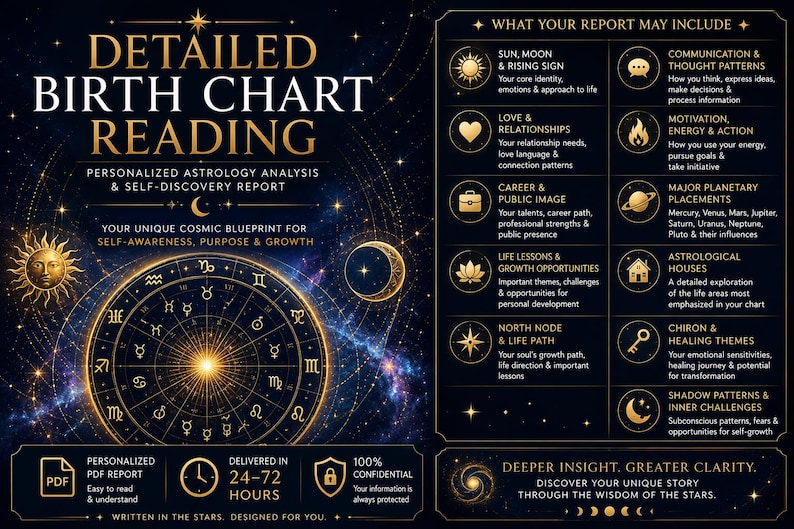 May include: A detailed birth chart reading report featuring gold text and celestial graphics on a dark blue background. The design includes a central zodiac wheel, sun and moon icons, and a list of report sections like sun, moon, and rising sign.
