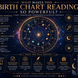 May include: A dark blue infographic titled What Makes This Birth Chart Reading So Powerful? featuring a central golden zodiac wheel with planetary icons. It lists benefits like self-awareness and career clarity, plus delivery details and report features.