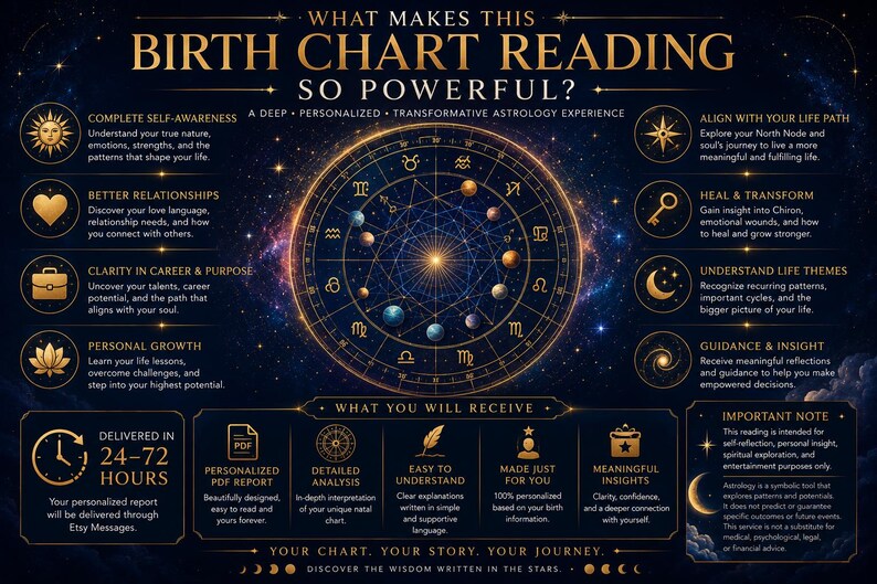 May include: A dark blue infographic titled What Makes This Birth Chart Reading So Powerful? featuring a central golden zodiac wheel with planetary icons. It lists benefits like self-awareness and career clarity, plus delivery details and report features.