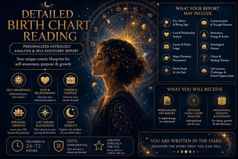 May include: A digital infographic for a detailed birth chart reading featuring a profile illustration of a person surrounded by golden celestial symbols, zodiac signs, and planets on a dark blue background with text detailing astrology report contents.
