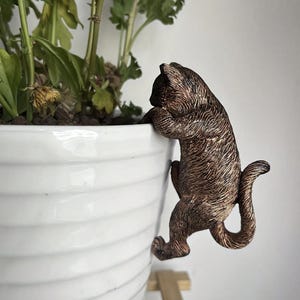May include: A bronze-colored cat figurine with a textured, fur-like finish, designed to hang from the rim of a white, horizontally ribbed ceramic plant pot. The cat is depicted in a climbing pose, with its front paws hooked over the edge.