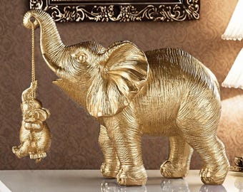Elephant Decor Statue, Gold/Silver Elephant Figurine, Good Luck Elephant Gift, Bookshelf TV Stand Shelf Decor, Living Room Home Accent