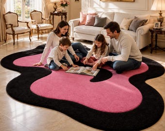 Rosa Schwarzer Abstrakter Unregelmäßiger Teppich, Handgemachter Tufted Teppich, Moderner Luxus Teppich, Weicher Plüschteppich, Gewellter Teppich