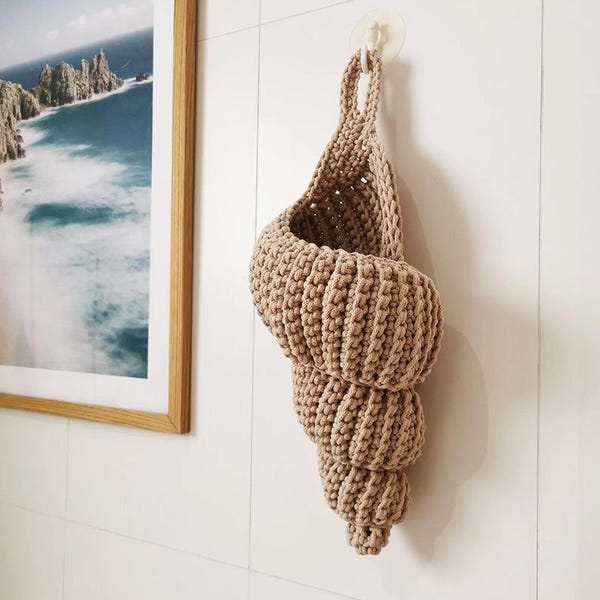 Handmade Crochet Conch Shell Hanging Storage Pocket Coastal Wall Decor