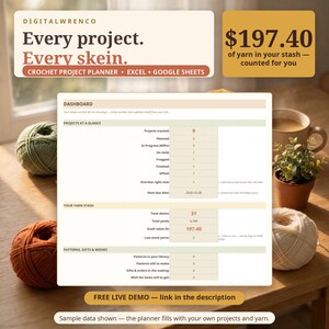 Könnte beinhalten: Ein digitales Dashboard zur Planung von Häkelprojekten auf einem Bildschirm mit Abschnitten für Projekte, Garnvorrat und Muster. Der Text enthält 'DIGITALWRENCO', 'Every project. Every skein.' und '$197.40 of yarn in your stash'.