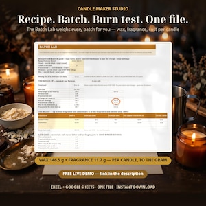 Könnte beinhalten: Eine digitale Tabellenkalkulation mit dem Titel BATCH LAB für die Kerzenherstellung, die Abschnitte für Rezeptentwicklung, Chargenwiegen, Duftmischungen und Kostenanalyse enthält. Das Dokument zeigt Datentabellen mit Spalten für Wachs und Duft.