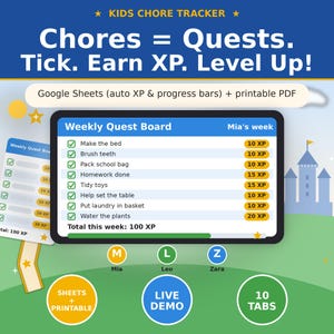 May include: A digital kids chore tracker featuring a Weekly Quest Board with tasks like Make the bed and Brush teeth, each assigned XP values. The interface includes a progress bar, total XP counter, and circular icons for Mia, Leo, and Zara.