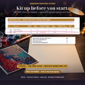 Könnte beinhalten: Ein digitales Inventarverwaltungstool für Diamond Painting mit einer Einkaufslistentabelle, DMC-Farbcodes, Bohreranzahlen und einer Zusammenfassung. Die Benutzeroberfläche zeigt Text wie Kit up before you start, 2 PACKS - THE TRUE TOTAL und FREE LIVE DEMO.