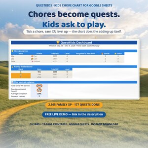 Könnte beinhalten: Ein digitales Aufgaben-Diagramm für Google Sheets mit dem Titel QuestKids Dashboard. Es zeigt den Fortschritt der Helden, eine Familien-Rangliste und wöchentliche Statistiken, darunter 2.565 XP und 177 abgeschlossene Quests. Die Oberfläche hat blaue Kopfzeilen.