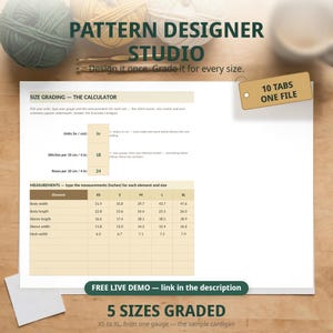 Crochet Pattern Designer Planner: Size Grading Calculator, Tester Tracker & Yarn Estimator | Excel Google Sheets Studio