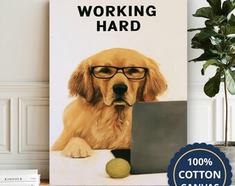 Golden Retriever Working At Laptop Canvas Wall Art, Warm Terracotta, Man Cave Decor