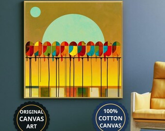 Colorful Birds Perched On Wire Canvas Wall Art, Mid Century Modern, Living Room Decor