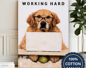 Golden Retriever Working Behind Laptop Canvas Wall Art, Rustic Farmhouse, Man Cave Decor