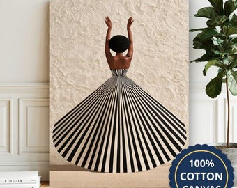 Woman Raising Arms In Striped Dress Canvas Wall Art, Large Vertical, Living Room Decor