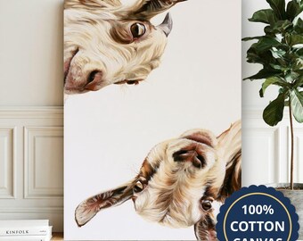 Playful Goats Peeking Into Frame Canvas Wall Art, Living Room Decor, Housewarming Gift