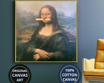 Mona Lisa With Clothespin Canvas Wall Art, Ready To Hang, Living Room Decor