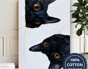 Black Cats Peeking Around Corner Canvas Wall Art, Living Room Decor, Housewarming Gift