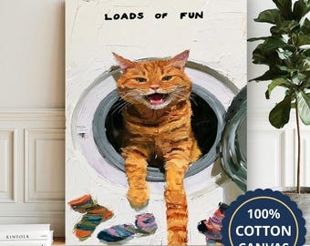 Cat In Laundry Room With Socks Canvas Wall Art, Large Vertical, Housewarming Gift