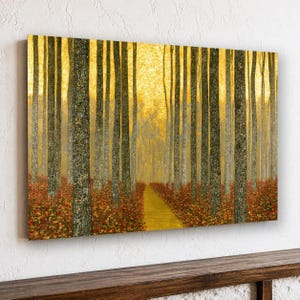 May include: A rectangular wall art print depicting a forest scene with tall, textured tree trunks in shades of gray and brown. A narrow, golden-yellow path leads through a dense carpet of fallen red and orange leaves toward a bright light.