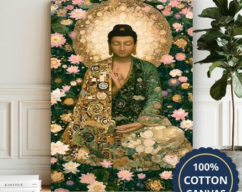 Meditating Buddha Surrounded By Lotus Flowers Canvas Wall Art, Living Room Decor, Housewarming Gift