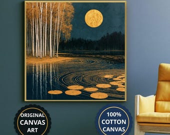 Birch Forest Moonlit Lake Canvas Wall Art, Living Room Decor, Housewarming Gift