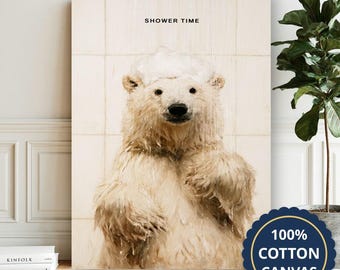 Polar Bear In Shower Canvas Wall Art, Living Room Decor, Housewarming Gift
