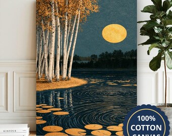 Birch Trees Beside Autumn Moonlit Lake Canvas Wall Art, Living Room Decor, Housewarming Gift