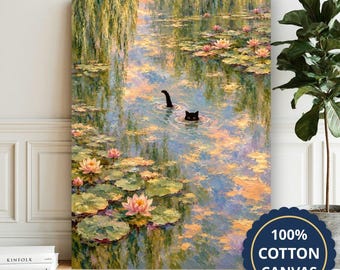 Black Cat Swimming Among Water Lilies Canvas Wall Art, Cottagecore, Large Vertical, Ready To Hang, Living Room Decor, Housewarming Gift