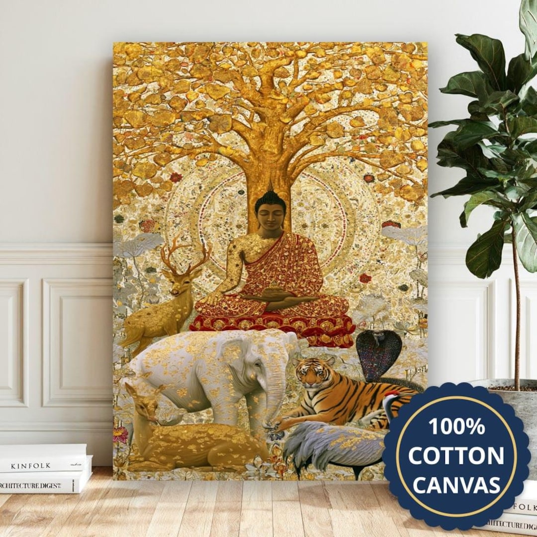 Buddha Under Tree With Animals Canvas Wall Art, Living Room Decor