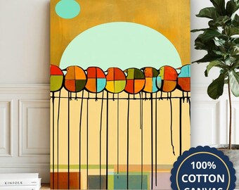 Colorful Birds Perched On Wires Canvas Wall Art, Mid Century Modern, Living Room Decor