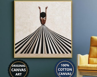Woman In Striped Dress With Arms Raised Canvas Wall Art, Living Room Decor, Housewarming Gift