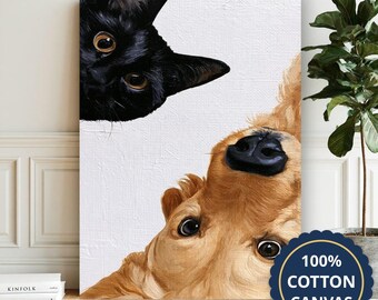 Cat And Dog Peeking From Edges Canvas Wall Art, Living Room Decor, Housewarming Gift