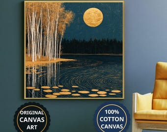 Birch Forest Lake Under Golden Moon Canvas Wall Art, Living Room Decor, Housewarming Gift