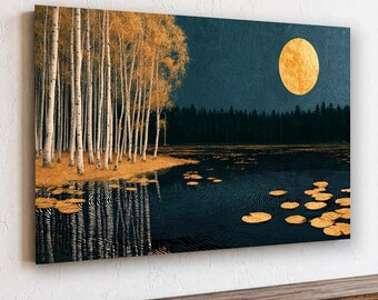 Birch Forest Moonlit Lake Canvas Wall Art, Oversized Horizontal, Living Room Decor